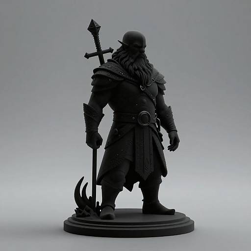 Silhouetted black medieval warrior statue with helmet, armor, sword with curved blade, and belt, standing on round base, against gradient gray background