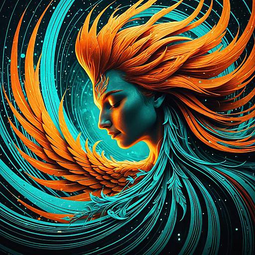 Surreal Phoenix with Flowing Orange and Turquoise Hair
