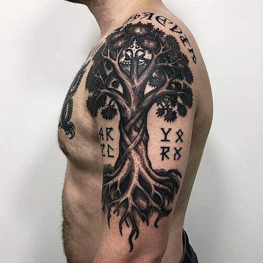 Photograph of a muscular, light-skinned man's bare back featuring a detailed black tree tattoo with Norse runes, intricate branches, and roots.