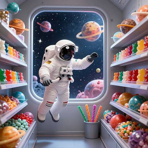 Digital artwork of an astronaut floating in a spaceship aisle, surrounded by colorful planet toys and crayons, with a starry window view of planets outside.