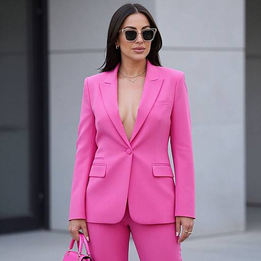 Photograph of a confident woman with long black hair, wearing a bright pink blazer and pants, black sunglasses, necklace, and holding a pink bag