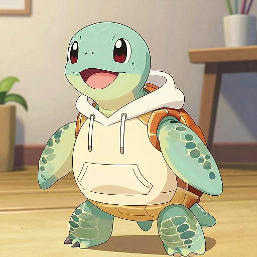 Digital illustration of a cute, blue-green turtle with large black eyes, wearing a white hoodie, standing on a wooden floor in a brightly lit room.