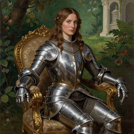 Photorealistic painting of a young woman with long brown hair in shiny silver medieval armor, seated on an ornate gold chair, lush green garden background