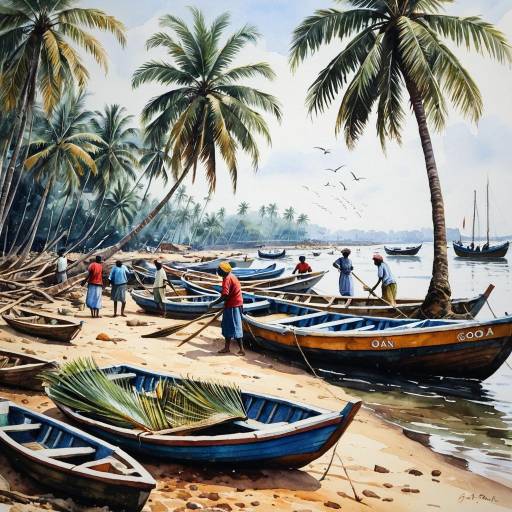 Goan Fisherfolk with Boats and Palm Trees