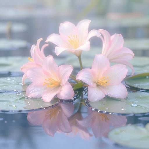 Photograph of glowing pink water lilies with dewdrops on lily pads in a reflective, slightly blurred pond background.