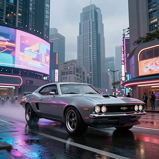 Photorealistic digital artwork of a silver muscle car with four round headlights driving on a rainy city street, surrounded by neon-lit skyscrapers and