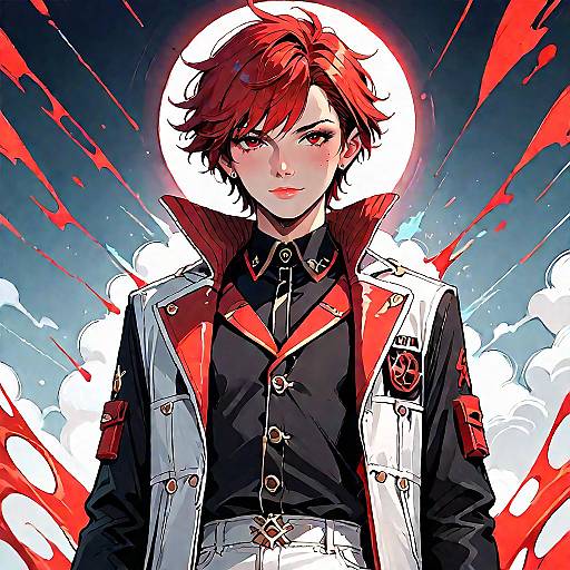 Red-Haired Anime Boy in Multicolored Jacket