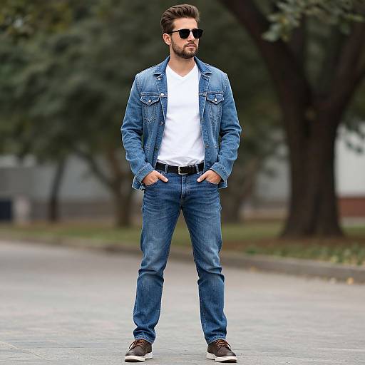 Photograph of a bearded man with dark hair, wearing black sunglasses, blue denim jacket, white t-shirt, blue jeans, brown shoes, standing