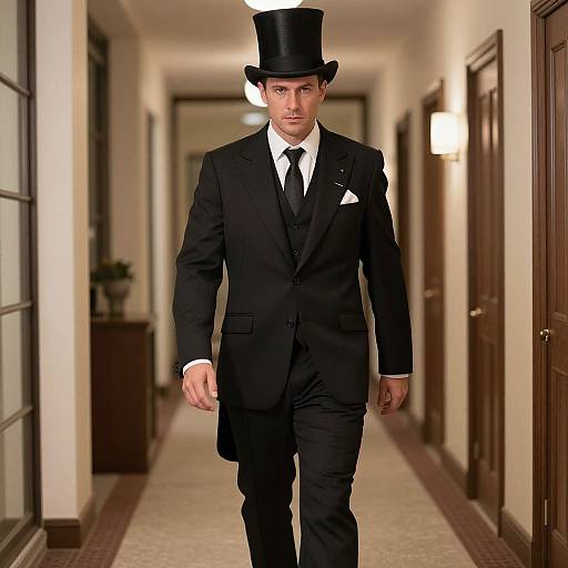 Photograph of a handsome man in a black suit, white shirt, black tie, and top hat, walking down a hotel hallway.