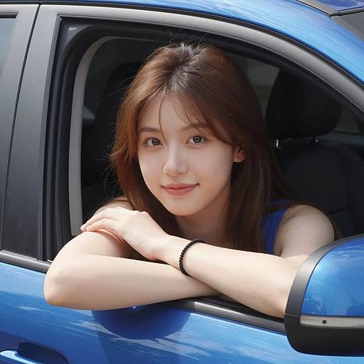 Sunlit Young Woman in Blue Car