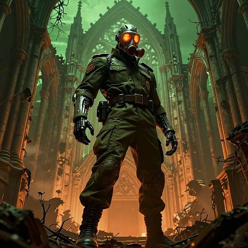 Digital artwork of a cyber-gothic soldier in dark gear and gas mask, standing in a burning, ruined cathedral with green and orange light.