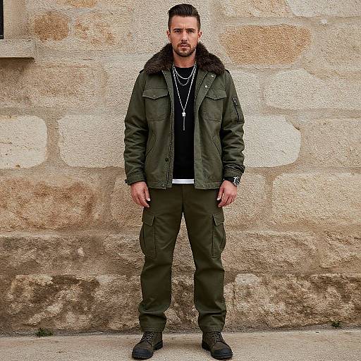 Photograph of a bearded man with dark hair, wearing an olive green jacket with fur collar, black shirt, cargo pants, and black boots,