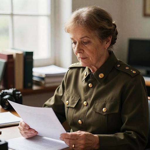 Focused Older Woman in Military Office