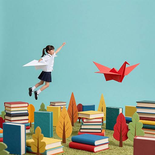 Photograph of a girl with black ponytail, white shirt, black skirt, flying towards red paper airplane, surrounded by colorful books and trees on grass