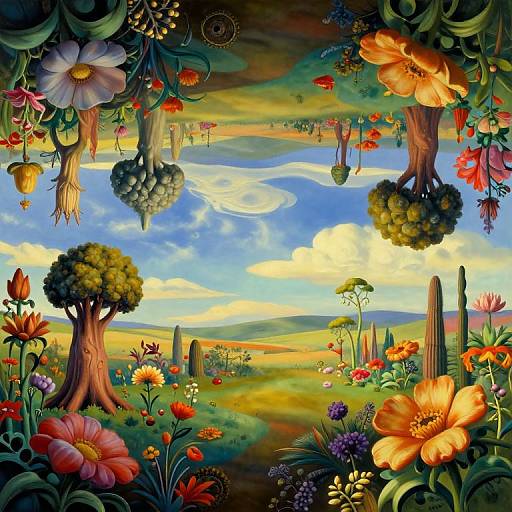 Vibrant digital painting of a whimsical, colorful landscape with hanging fruit, surreal trees, and vivid flowers under a bright blue sky.