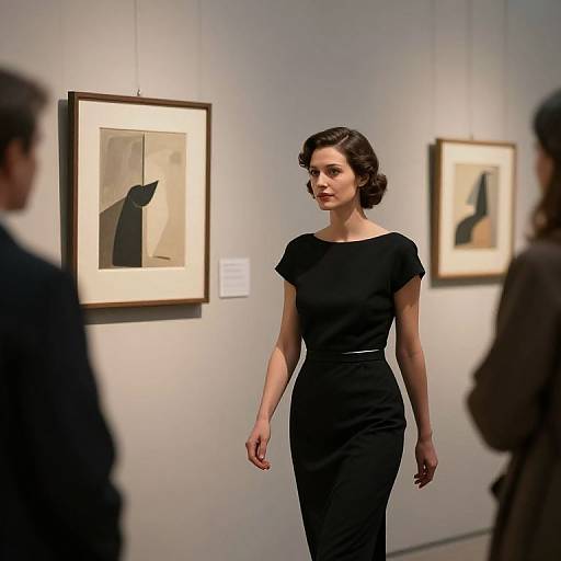 Photograph of a woman in a black, short-sleeved, form-fitting dress, standing in an art gallery, with two framed abstract paintings