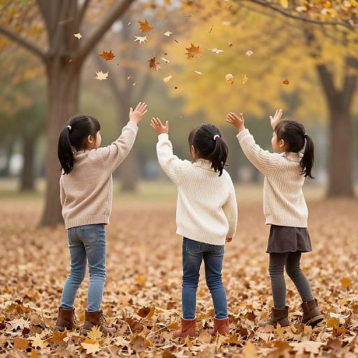 Three Asian girls with black hair in ponytails, wearing white sweaters and blue jeans, stand in an autumn park, arms raised, catching falling leaves
