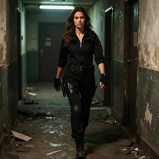 Photograph of a serious, dark-haired woman in black tactical gear, gloves, and boots, walking down a dimly lit, dirty, and damaged