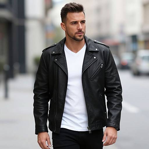 Photograph of a handsome, bearded man with short, dark hair, wearing a black leather jacket over a white V-neck T-shirt, standing confidently