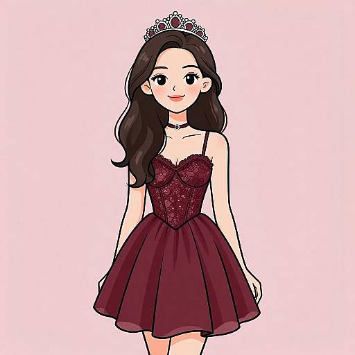 Digital anime-style drawing of a smiling girl with long black hair, wearing a maroon lace corset dress, tiara, and black choker,