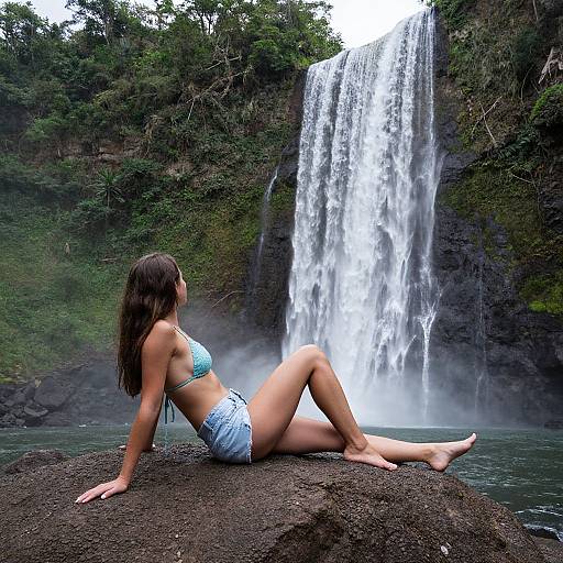 Photograph of a brunette woman in a light blue bikini sitting on a dark rock, gazing at a tall, cascading waterfall surrounded by lush green