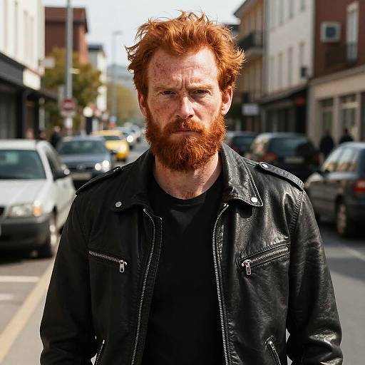 Photograph of a red-haired, bearded man with a stern expression, wearing a black leather jacket, standing on a busy urban street.