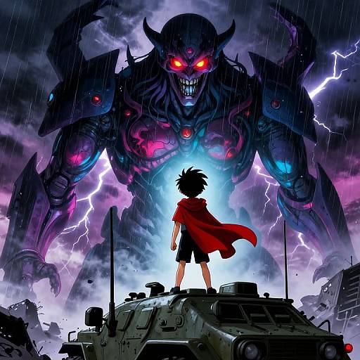Digital anime artwork: Brave boy in red cape stands on tank, facing giant, glowing-red-eyed monster with purple lightning in stormy sky.
