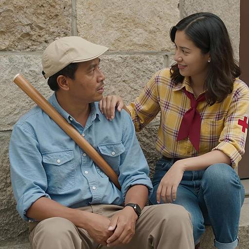 Man and Woman Sitting by Stone Wall