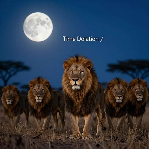 Photograph of five male lions with dark manes standing in a grassy savanna under a bright full moon, text 
