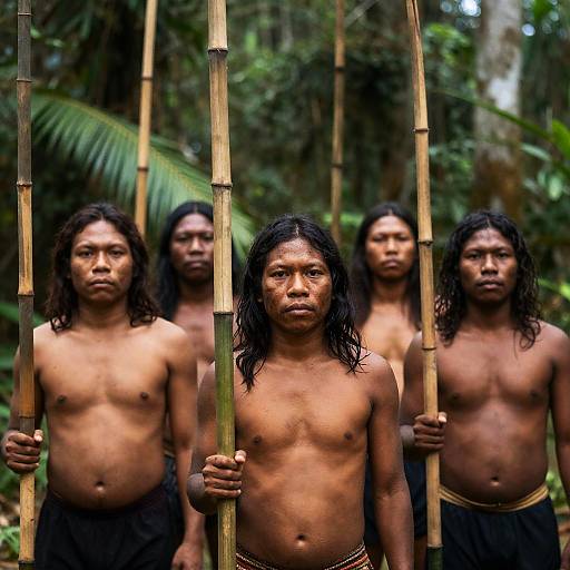 Group of Indigenous Men Holding Bamboo Sticks