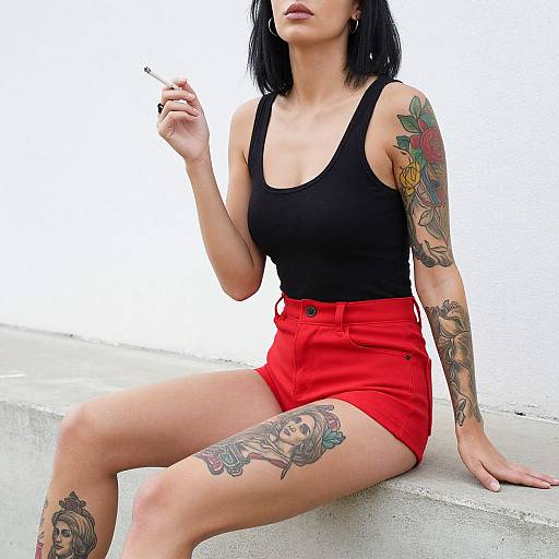 Tattooed woman in black tank top and red shorts, smoking, sitting on concrete, holding cigarette, white background, colorful arm tattoos.