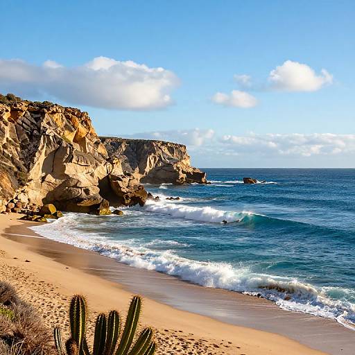 Photograph of a sunny beach with golden sand, rugged cliffs, clear blue ocean, white waves, and cacti in the foreground.