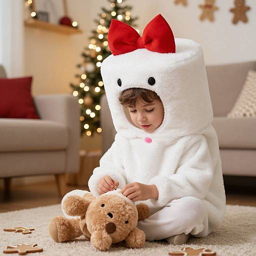 Photograph of a cute toddler in a white plush cat costume with a red bow, sitting on the floor, hugging a teddy bear, in