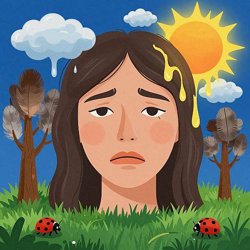 Digital illustration of sad-faced woman with black hair, yellow sunbeam on forehead, blue sky, white clouds, brown trees, and red ladybugs in
