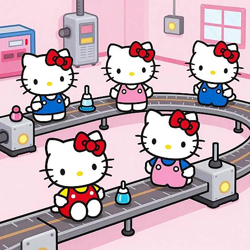 Digital cartoon of five Hello Kitty characters with red bows, in a colorful factory, standing on conveyor belts, holding test tubes.