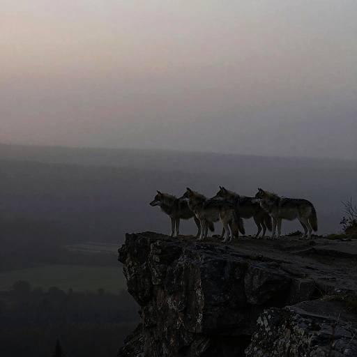 Silhouetted wolves standing on a cliff at dusk, surrounded by misty, dark blue and purple landscape, creating a mysterious, serene atmosphere.