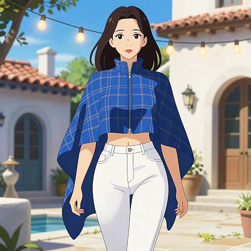 Stylish Woman in Blue Plaid Cape