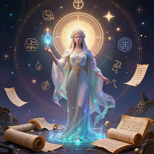 Digital artwork of a glowing, ethereal woman in a flowing, translucent blue gown, holding a glowing orb, surrounded by magical symbols and scrolls in a