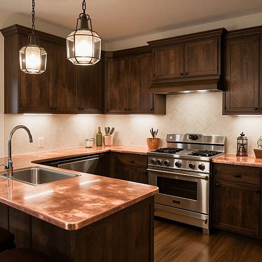 Photograph of a modern kitchen with dark wooden cabinets, stainless steel appliances, marble countertops, two hanging lantern lights, and a white diamond-patterned backs