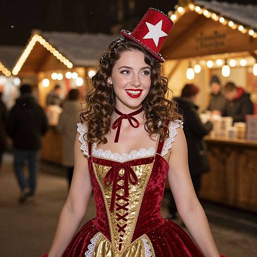 Photograph of a smiling woman with curly brown hair, wearing a red velvet corset dress with gold accents, white lace trim, and a red top