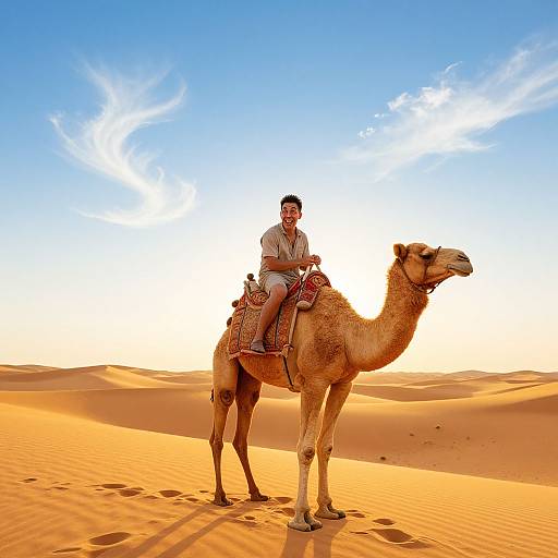Photograph of a man in beige attire riding a camel in a vivid orange desert with clear blue sky and soft sunlight.