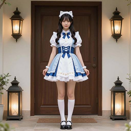 Photograph of an Asian woman in a blue and white French maid costume, standing in front of a wooden door, flanked by lanterns.