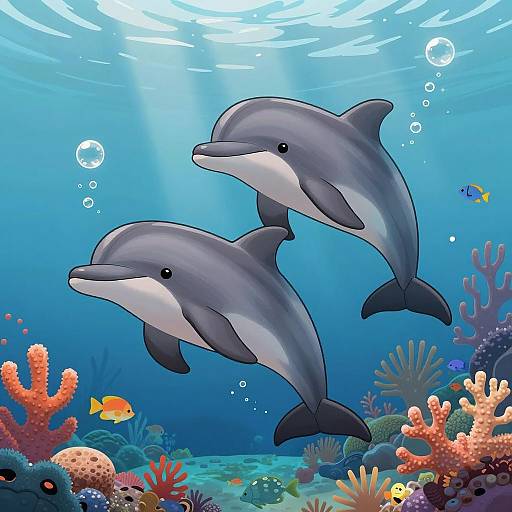 Playful Dolphins in a Vibrant Underwater Scene