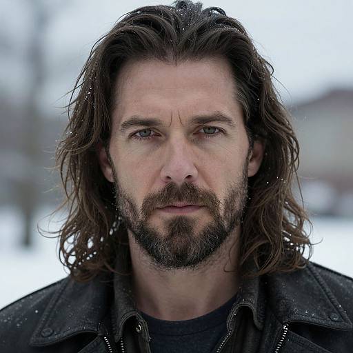Close-up photograph of a rugged, bearded man with long brown hair, blue eyes, and a serious expression, wearing a black jacket, set against