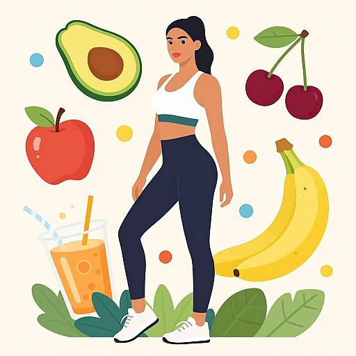 Digital illustration of a fit woman in a white sports bra and navy pants, surrounded by fruits, banana, avocado, apple, cherries, and a