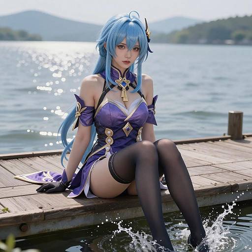Blue-Haired Anime Woman by Lake
