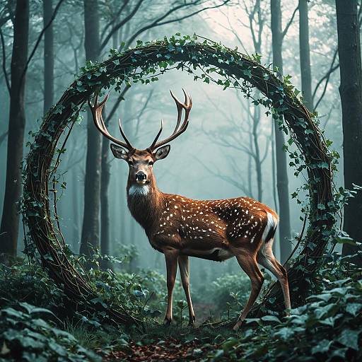 Graceful Deer with Ivy in Misty Woodland