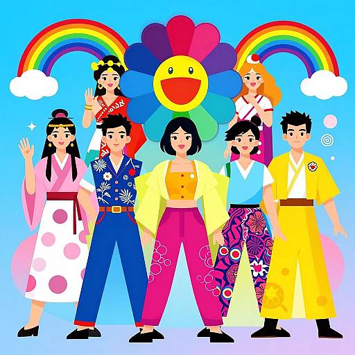 Colorful digital illustration of six Asian adults in traditional kimonos, standing in front of rainbows and a smiling cloud face. Bright, cheerful,