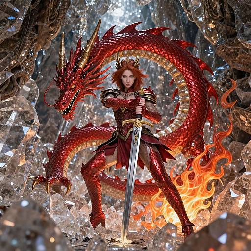 Digital fantasy artwork of a fierce red-haired warrior woman with dragon armor, wielding a sword, standing with a fiery red dragon. Crystalline cave