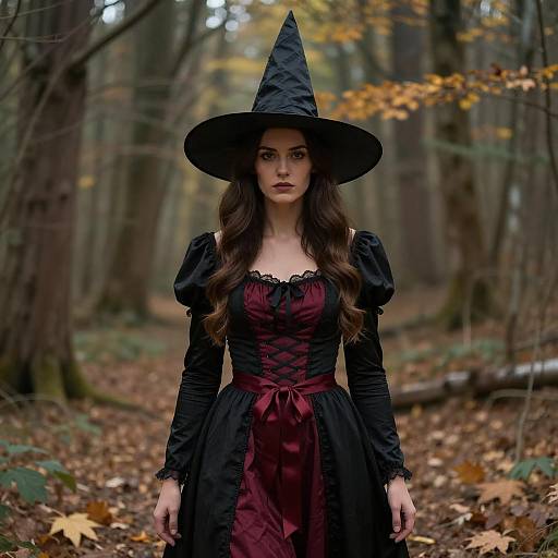 Woman in Formal Witch Costume in Autumn Forest